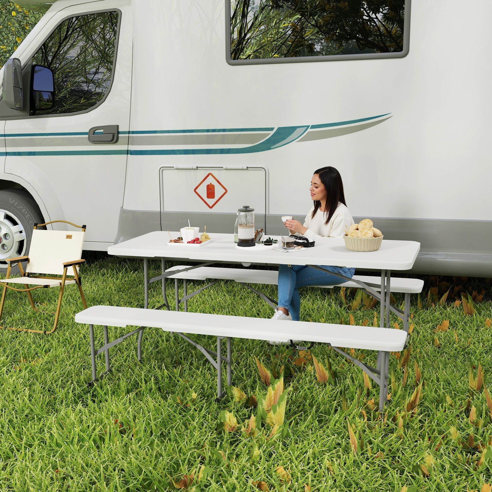 White outsunny three piece set includes foldable picnic table and benches with metal legs 180l x 74w for camping