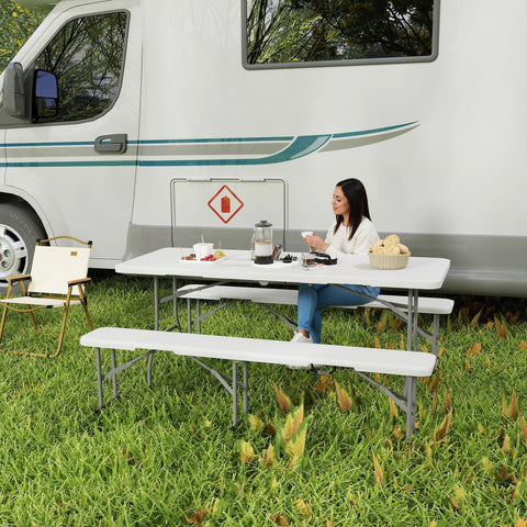White outsunny three piece set includes foldable picnic table and benches with metal legs 180l x 74w for camping