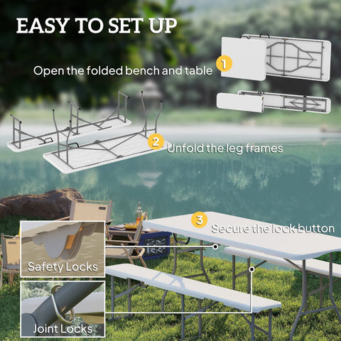 White plastic folding picnic table with metal frame and safety locks in a three-piece set includes 180l x 74w size