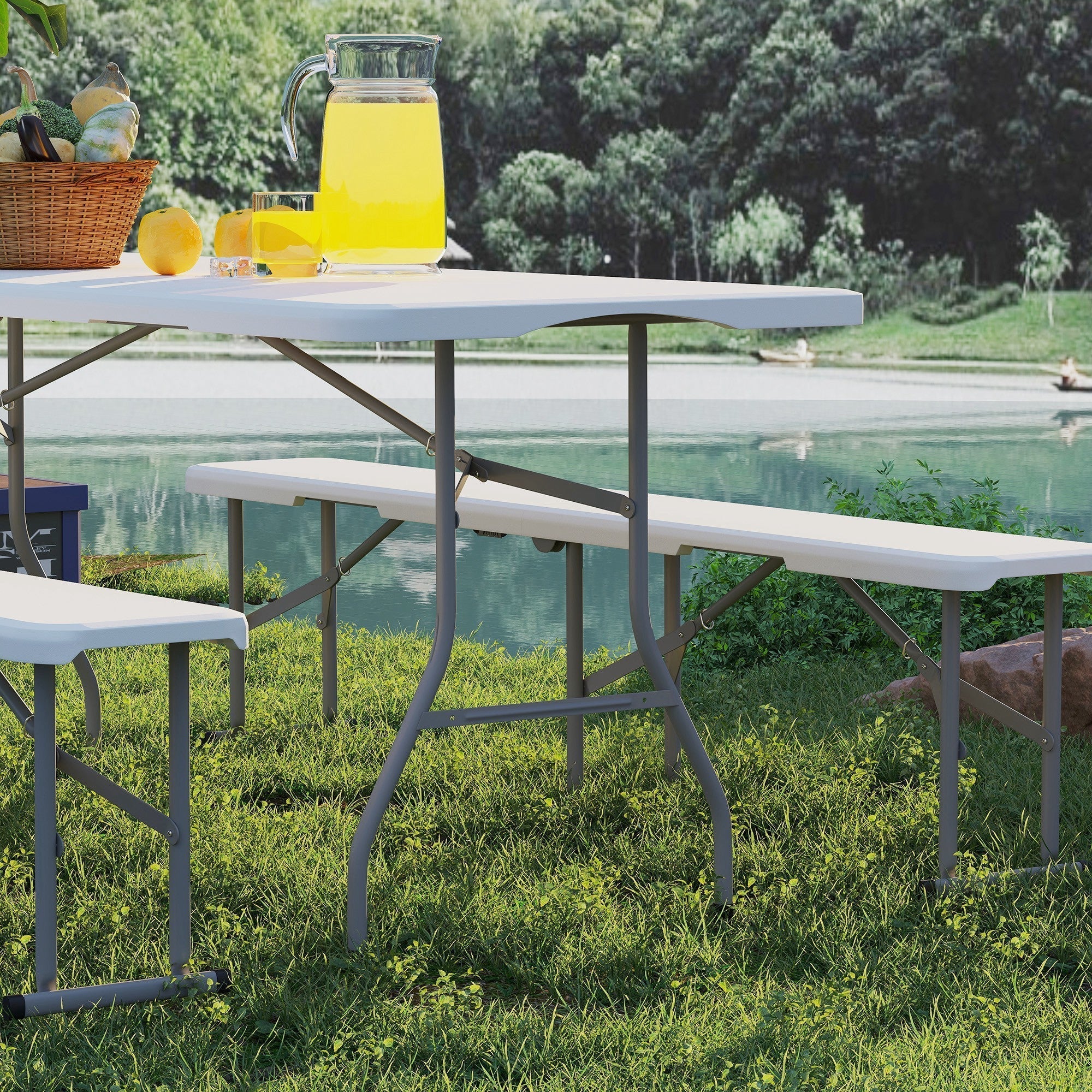 White plastic folding picnic table with gray metal legs and matching benches three-piece set includes 180l x 74w table