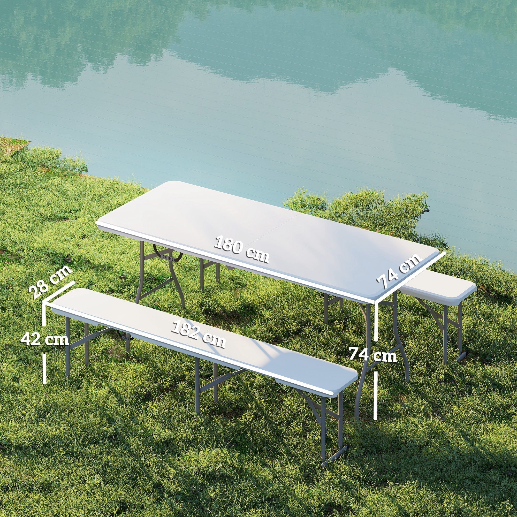 White plastic folding picnic table and matching benches three-piece set includes 180l x 74w portable camping table