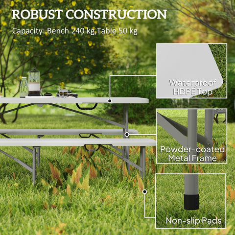 White hdpe picnic table with powder coated metal frame and non slip pads from outsunny three piece set includes bench and table