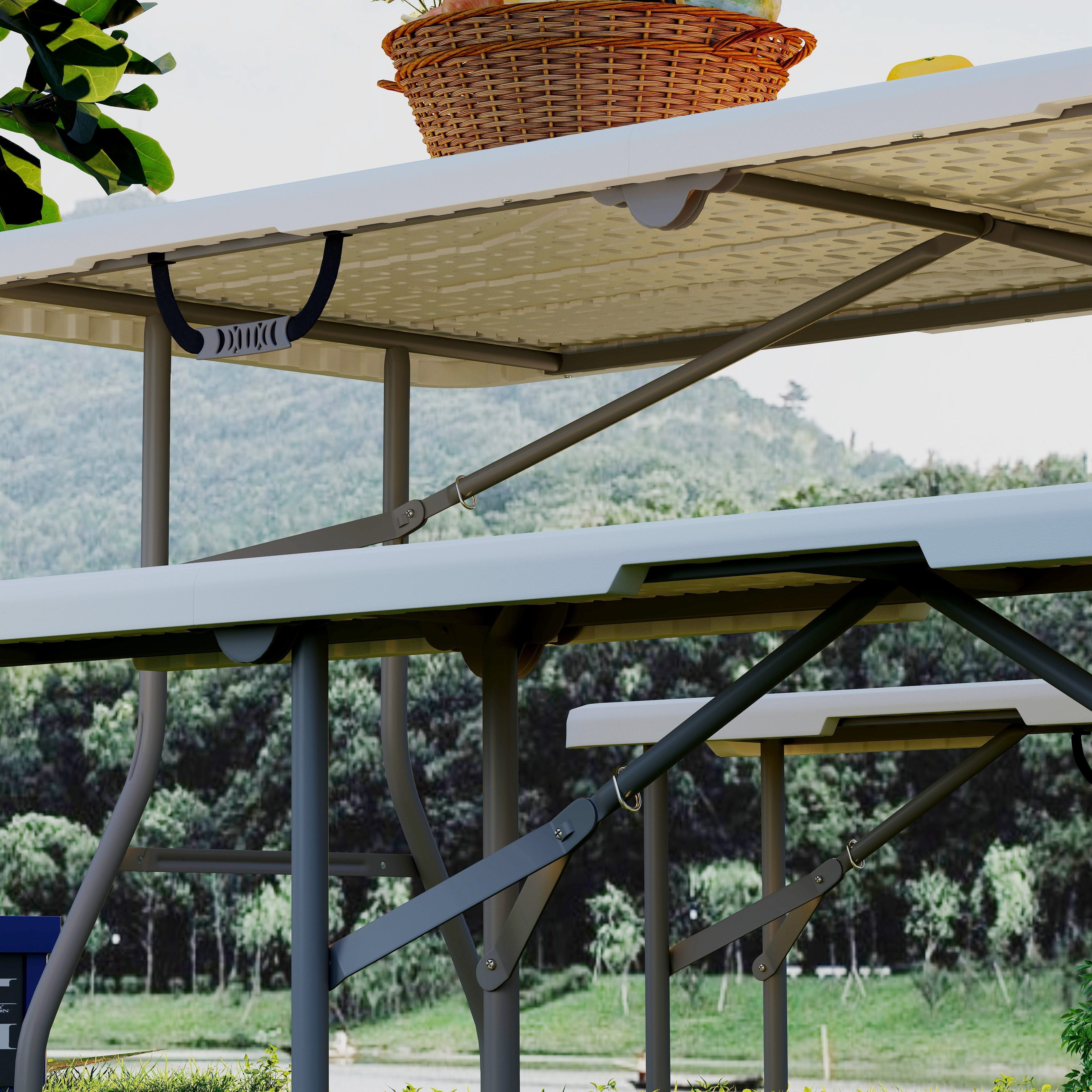 Gray metal folding picnic table with white hdpe tabletop and support braces part of outsunny three-piece set includes 180l x 74w