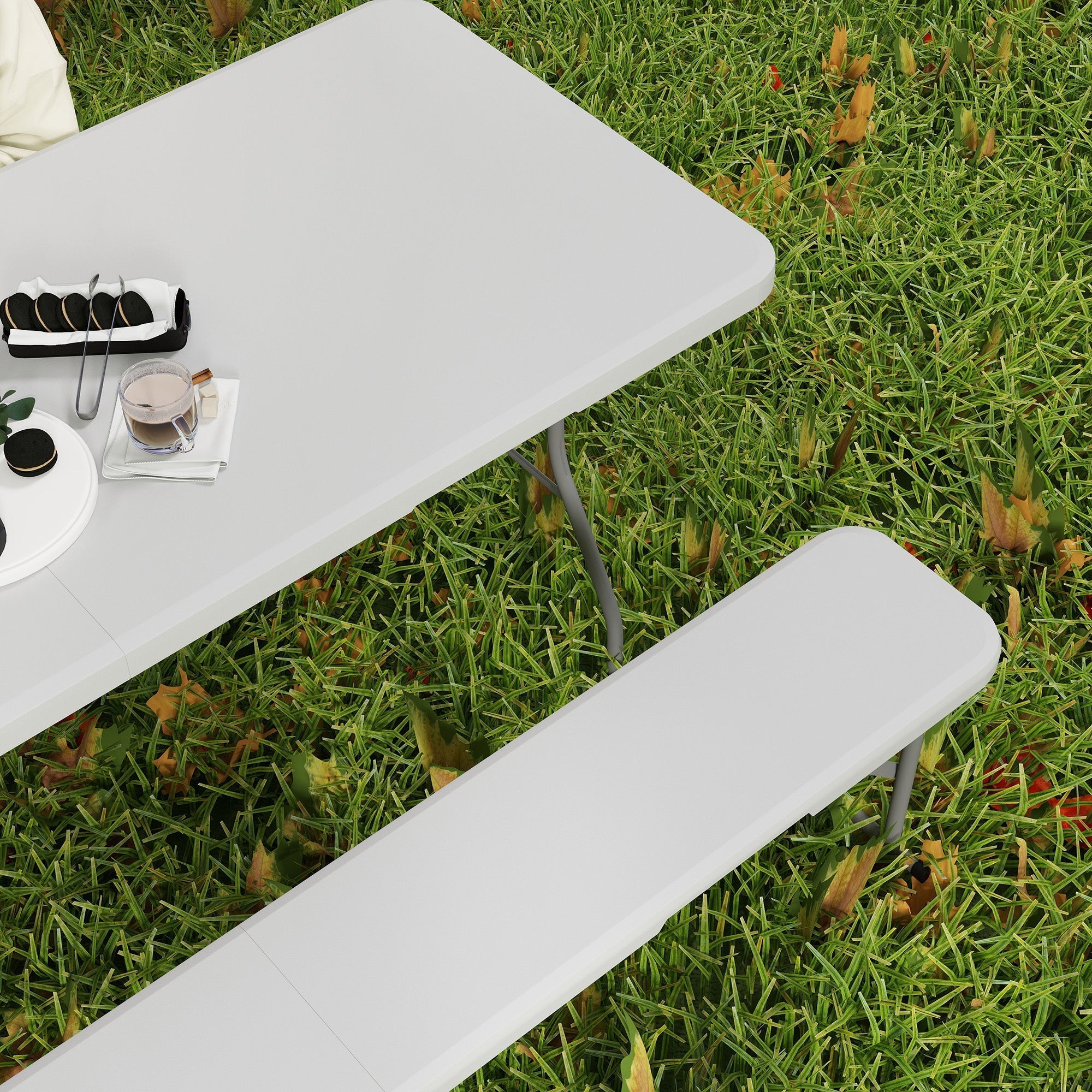 White plastic foldable picnic table three-piece set includes 180l x 74w portable hdpe camping table and benches