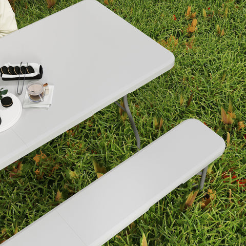 White plastic foldable picnic table three-piece set includes 180l x 74w portable hdpe camping table and benches