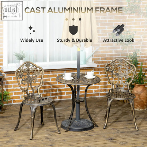 Outsunny 3 piece cast aluminium bistro set with bronze antique coffee table and ornate chairs ideal for patio use