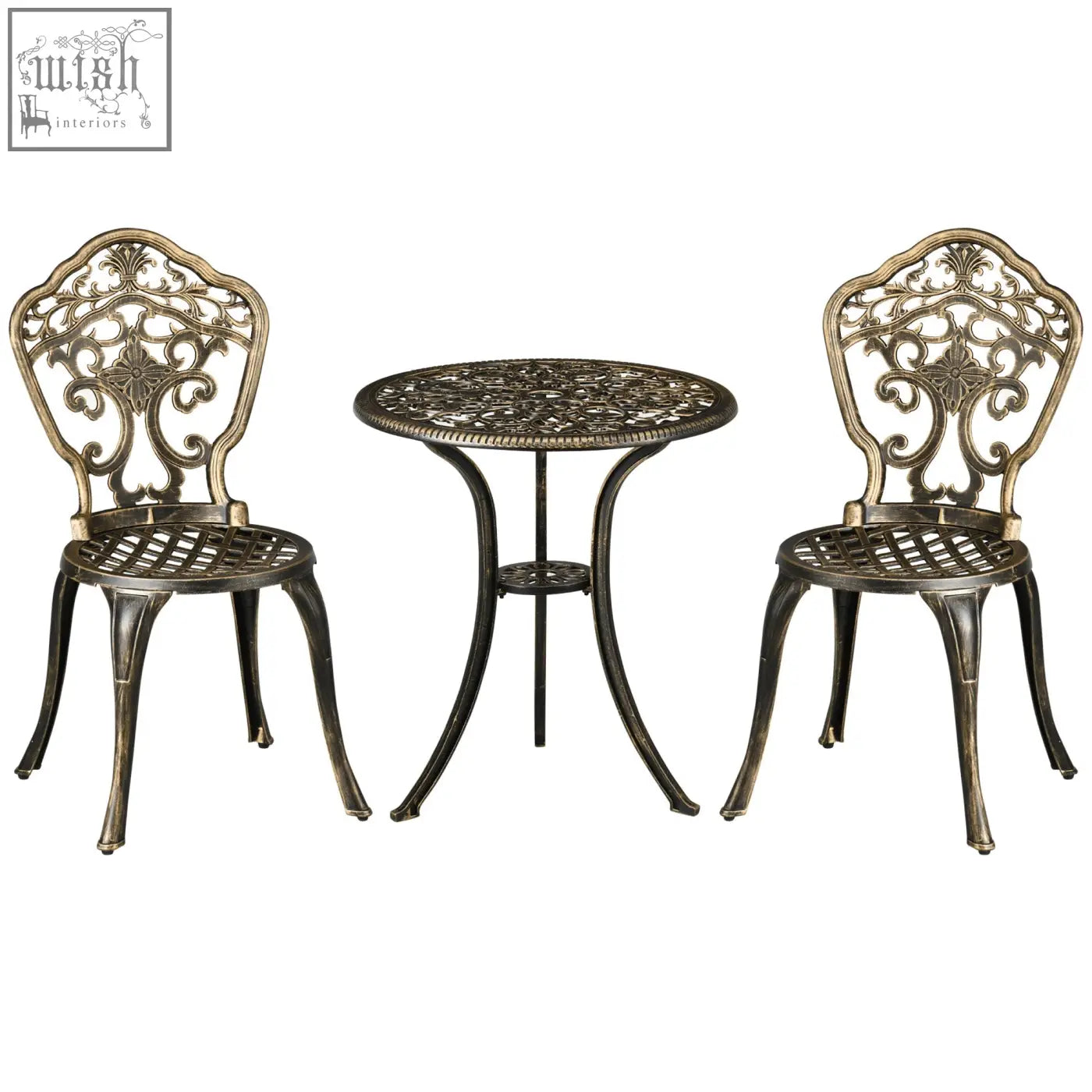 Antique bronze cast aluminium bistro set with ornate scrollwork and round coffee table with parasol hole for patio use