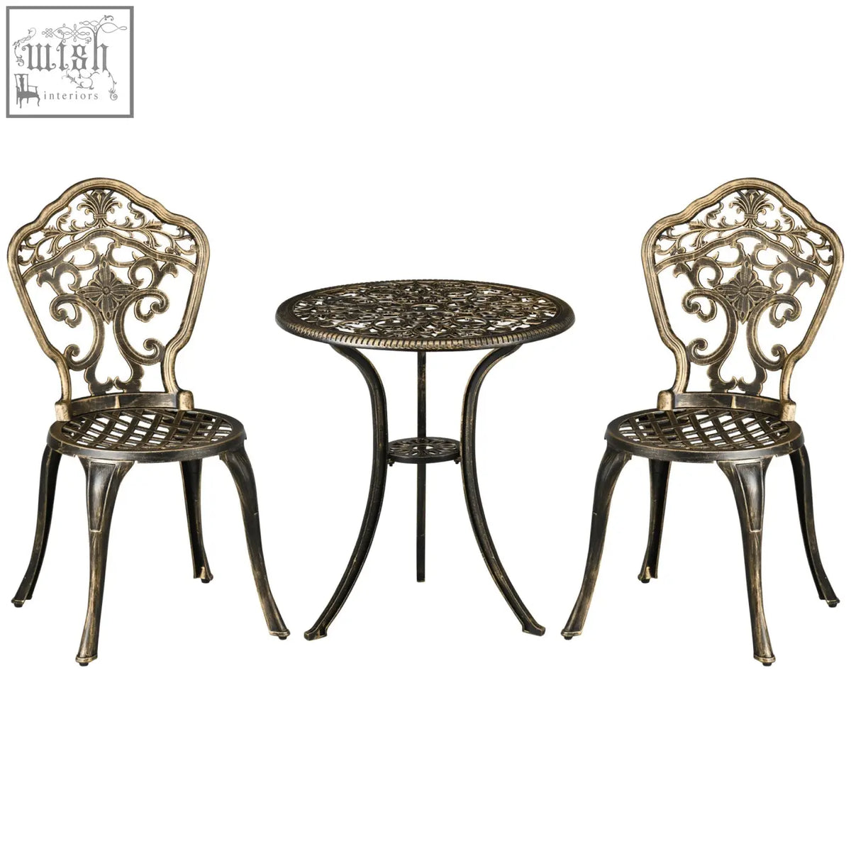 Antique bronze cast aluminium bistro set with ornate scrollwork and round coffee table with parasol hole for patio use