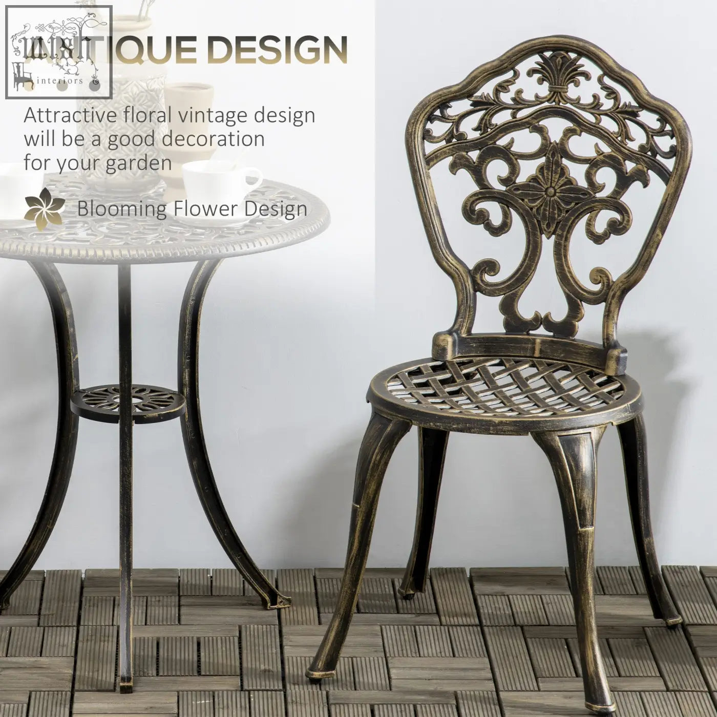 Outsunny bronze cast aluminium bistro set with intricate floral patterns includes two chairs and a coffee table with parasol hole