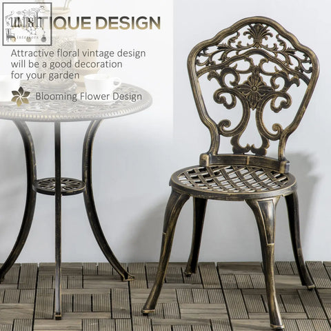 Outsunny bronze cast aluminium bistro set with intricate floral patterns includes two chairs and a coffee table with parasol hole