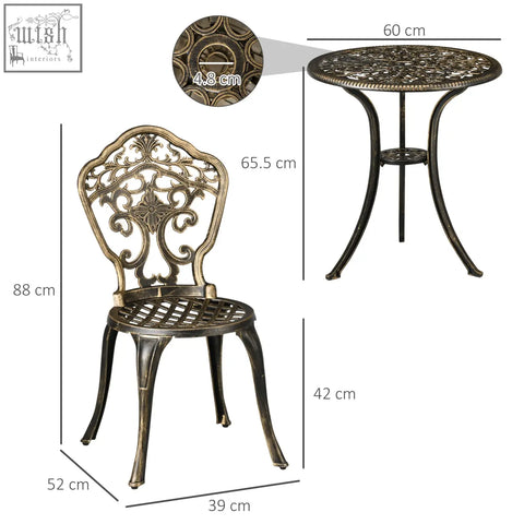 Antique bronze-finished cast aluminium bistro set with ornate floral wrought iron chairs and coffee table for patio