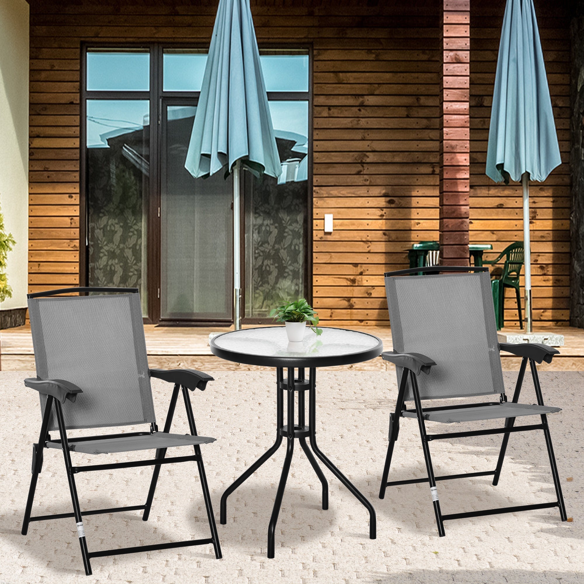 Gray mesh sling fabric folding chair with black metal frame and armrests in outsunny outdoor furniture set