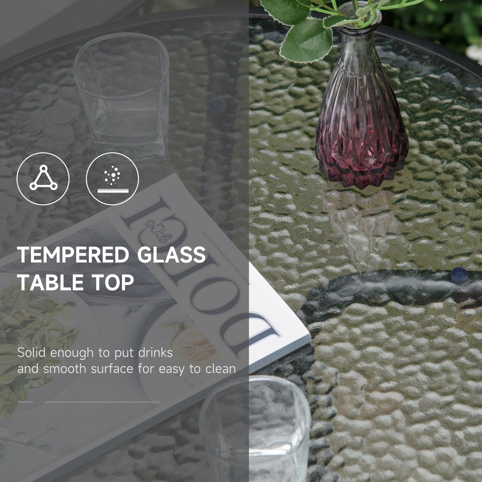 Dark purple textured glass vase in outsunny 3 piece outdoor bistro furniture set with folding chairs and sling fabric