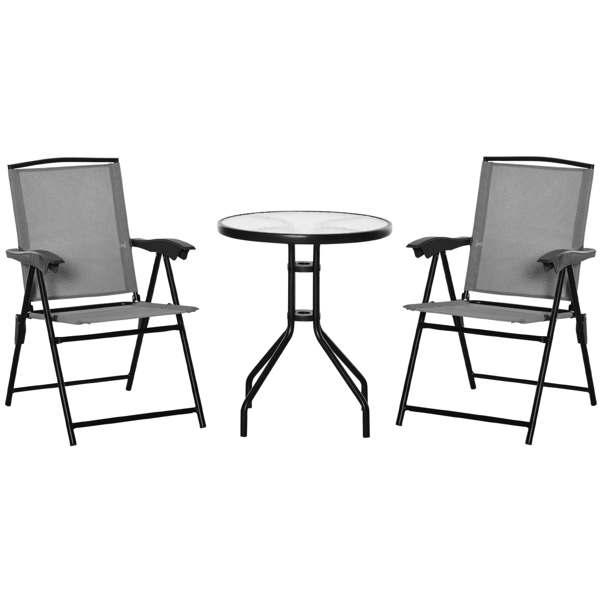 Outsunny 3 piece outdoor bistro furniture set with gray sling fabric folding chairs and black metal frame glass top table