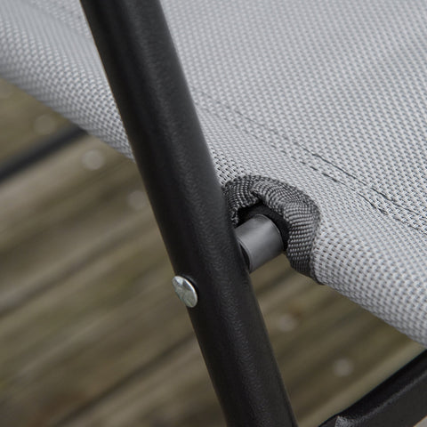 Gray woven sling fabric stretched over black metal frame of outsunny folding chairs in outdoor furniture set