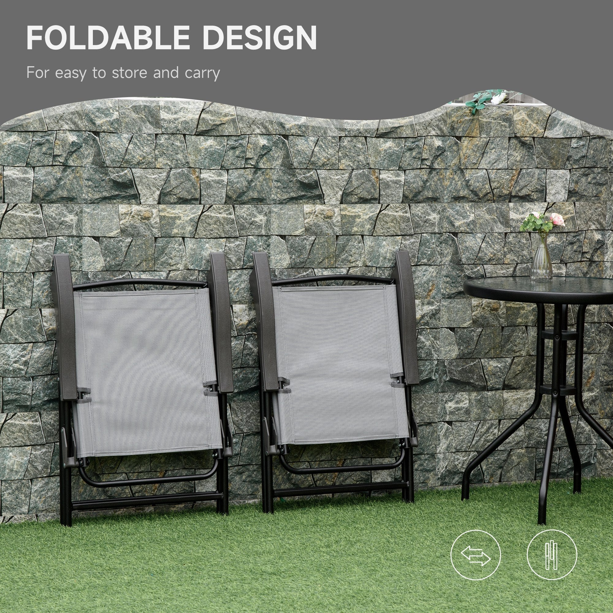 Outsunny 3 piece outdoor furniture set with grey sling fabric folding chairs and black metal frame glass top table
