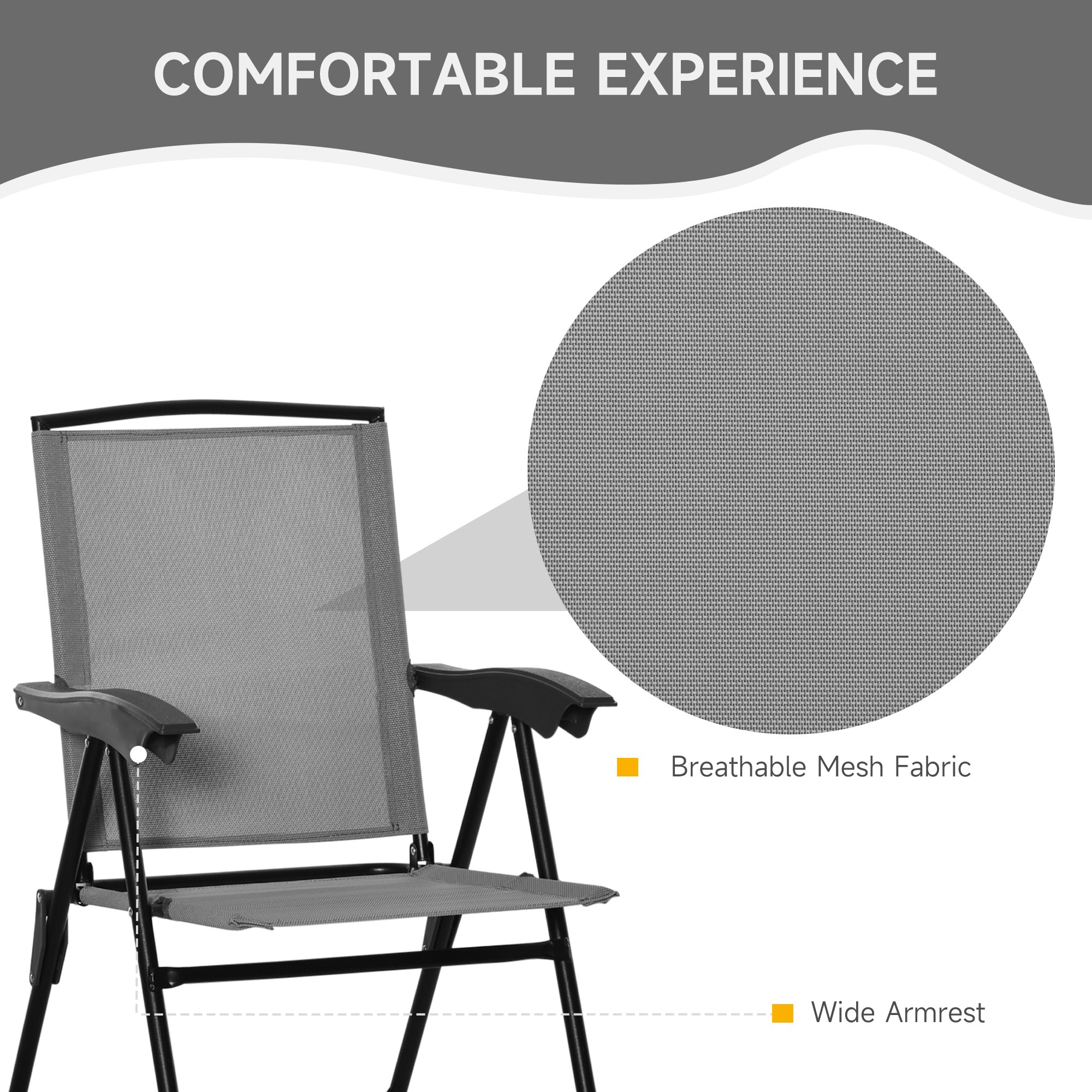 Gray breathable mesh fabric sling fabric folding chair with black metal frame and wide armrests in outdoor furniture set