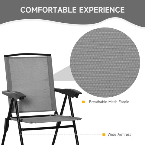 Gray breathable mesh fabric sling fabric folding chair with black metal frame and wide armrests in outdoor furniture set