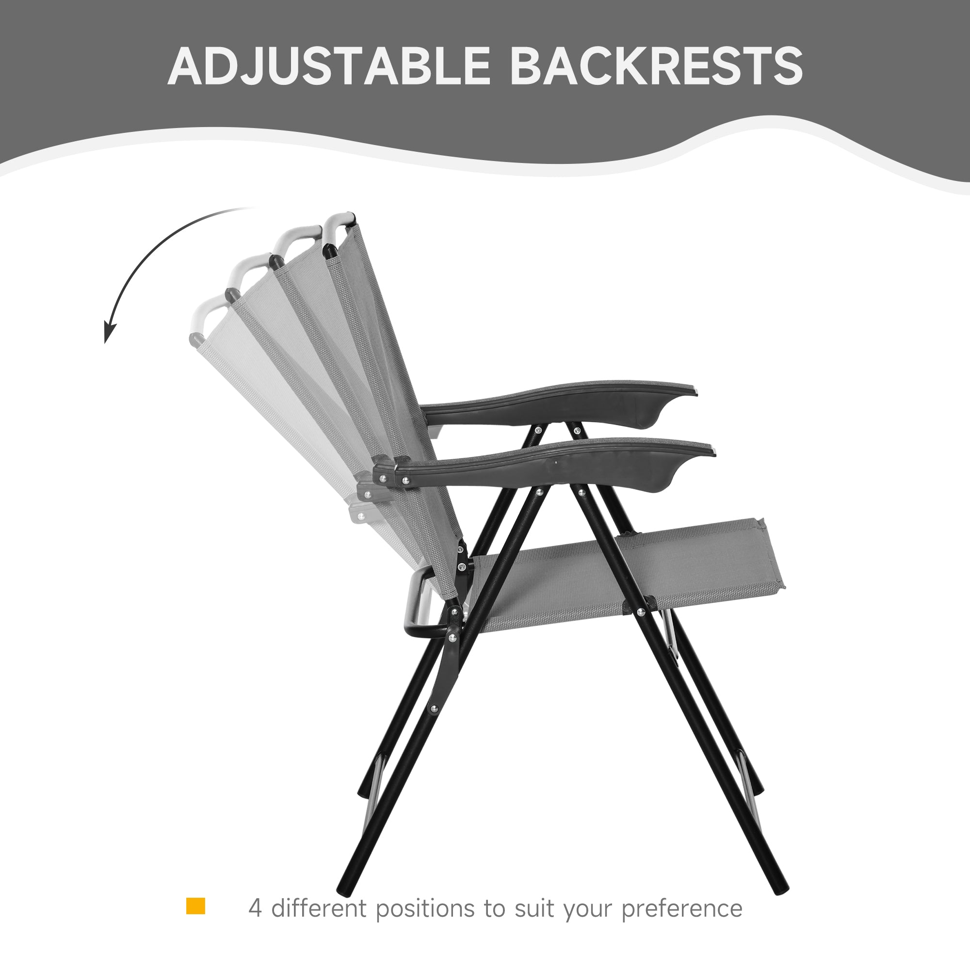 Gray sling fabric folding chair with black metal frame and adjustable backrest in outsunny outdoor furniture set