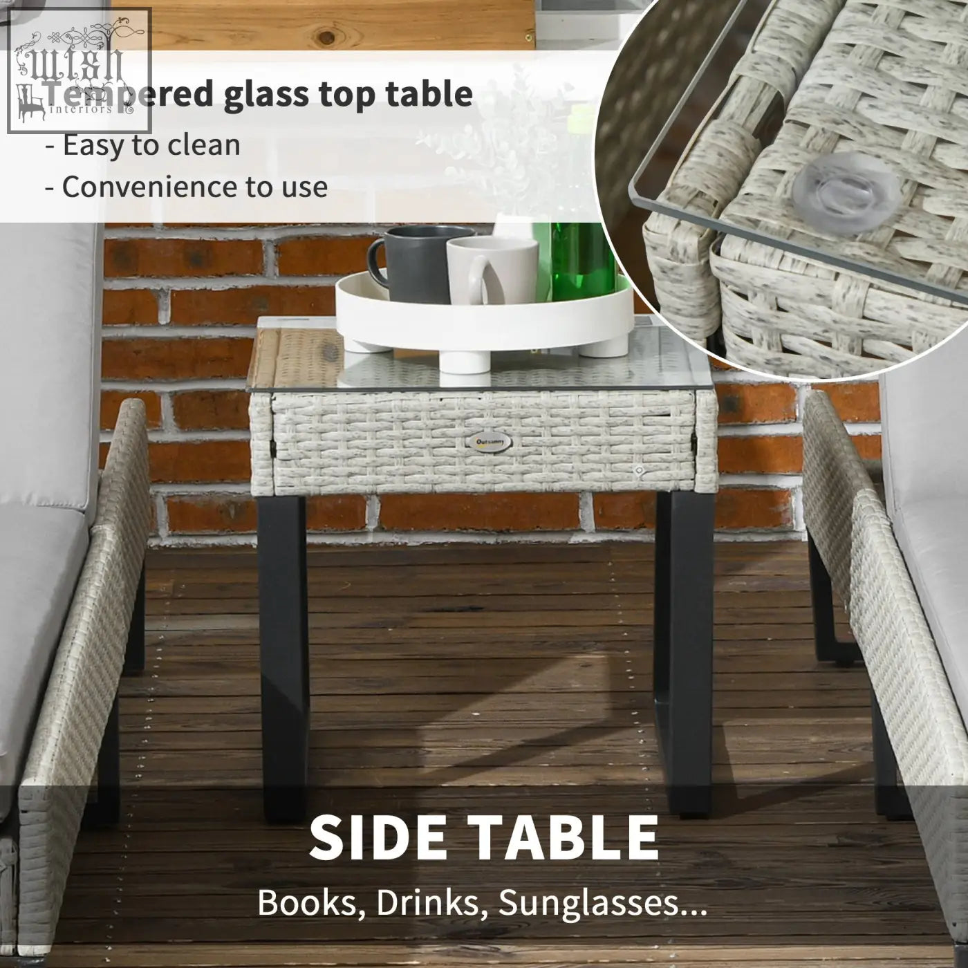 Outsunny white woven rattan coffee table with tempered glass top and black metal legs for patio longline seat set