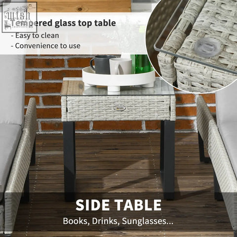 Outsunny white woven rattan coffee table with tempered glass top and black metal legs for patio longline seat set