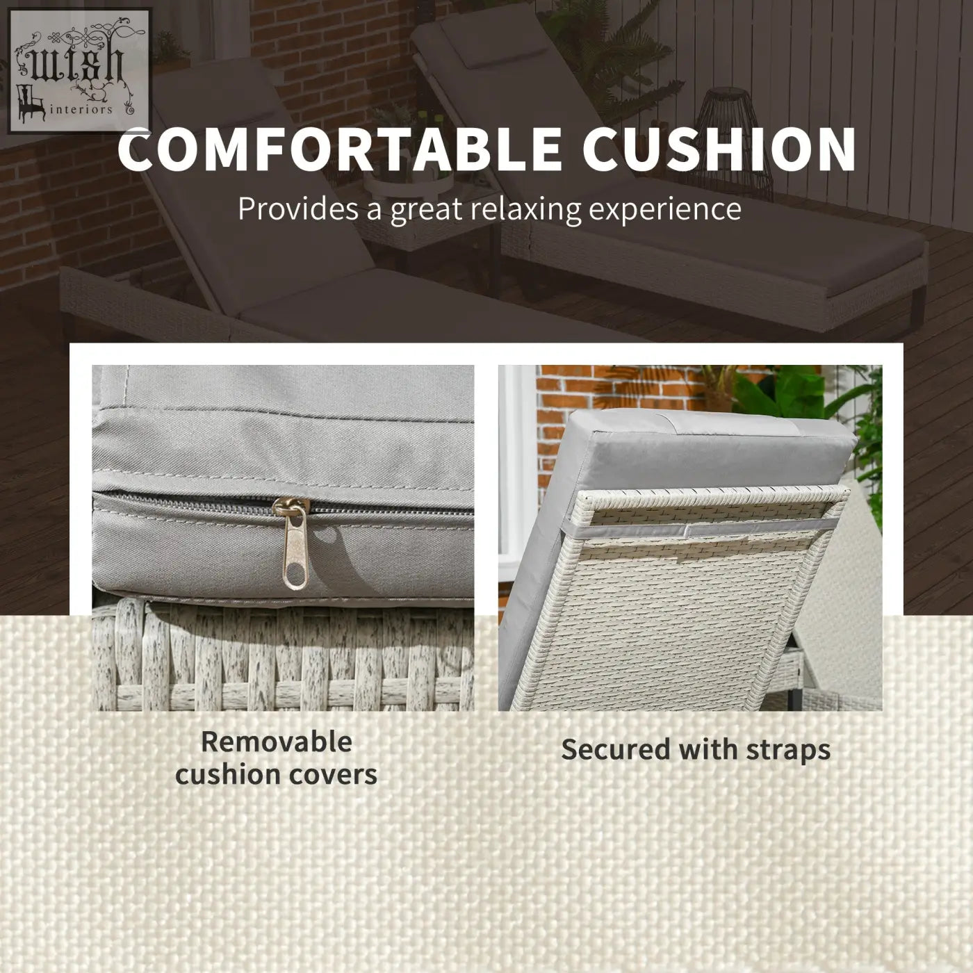 Gray removable cushion with zipper closure for outdoors fits outsunny longline seat cushions on rattan sun lounger set