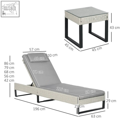Gray woven wicker lounge chair with adjustable recliner, longline seat cushions, and matching coffee table in light grey