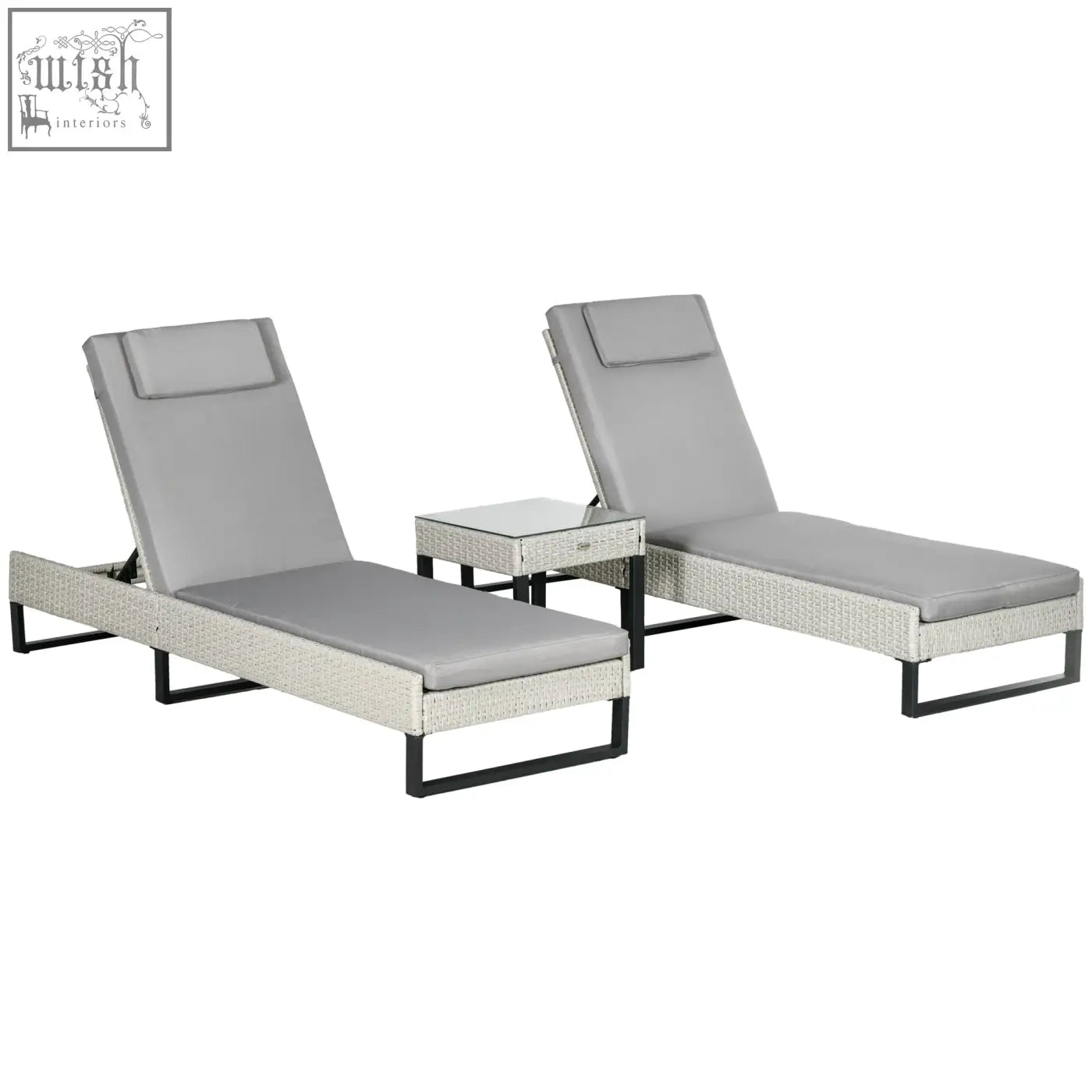 Set of two gray woven lounge chairs with durable PE rattan frame, longline seat cushions, and matching coffee table