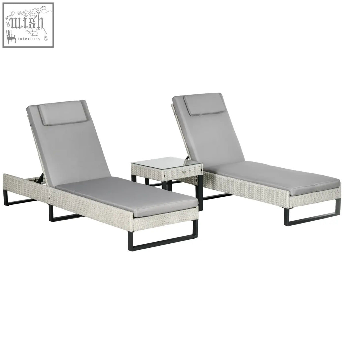 Set of two gray woven lounge chairs with durable PE rattan frame, longline seat cushions, and matching coffee table
