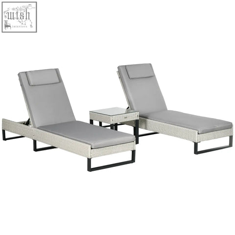 Set of two gray woven lounge chairs with durable PE rattan frame, longline seat cushions, and matching coffee table