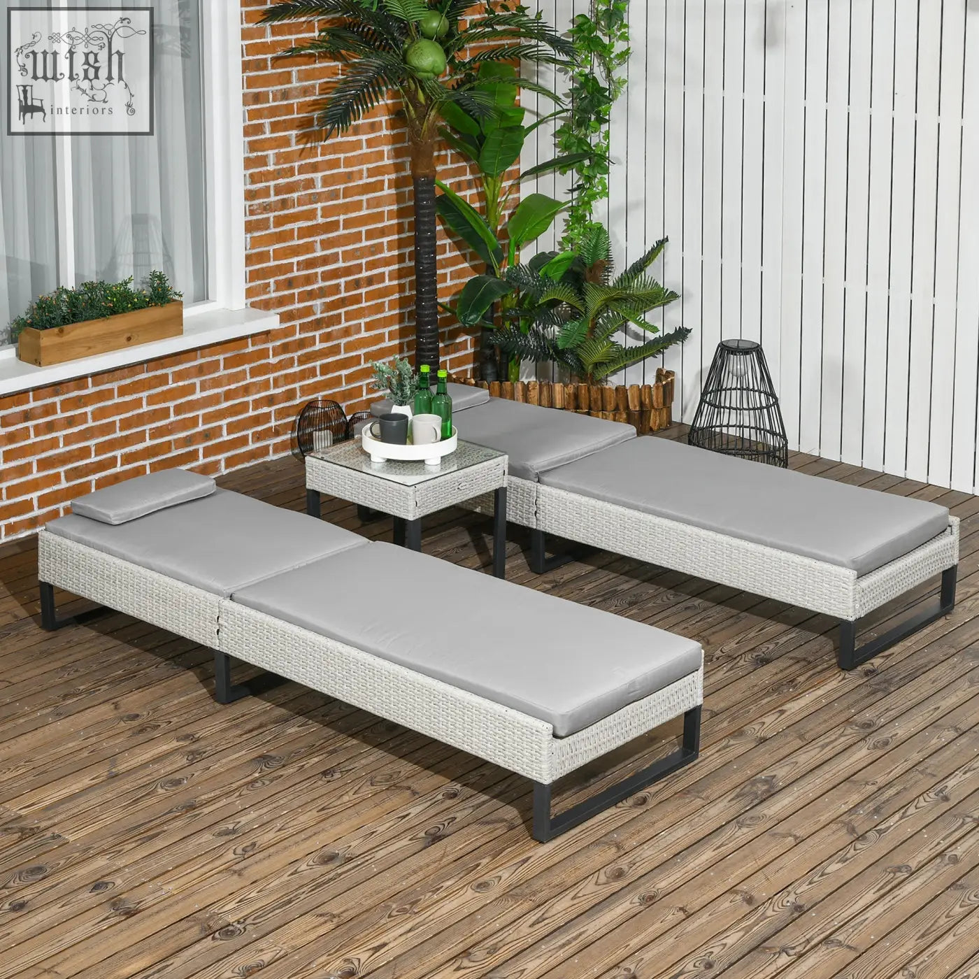 Outsunny 3-piece pe rattan sun lounger set with gray woven wicker, adjustable recliners, longline seat cushions, and coffee table