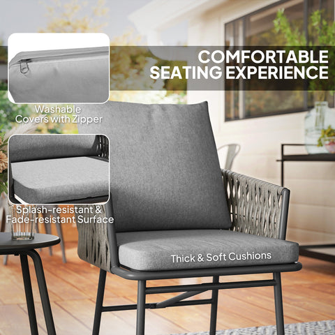 Gray woven wicker outdoor armchair with thick cushions in outsunny rust-resistant steel frame furniture set with metal-topped table