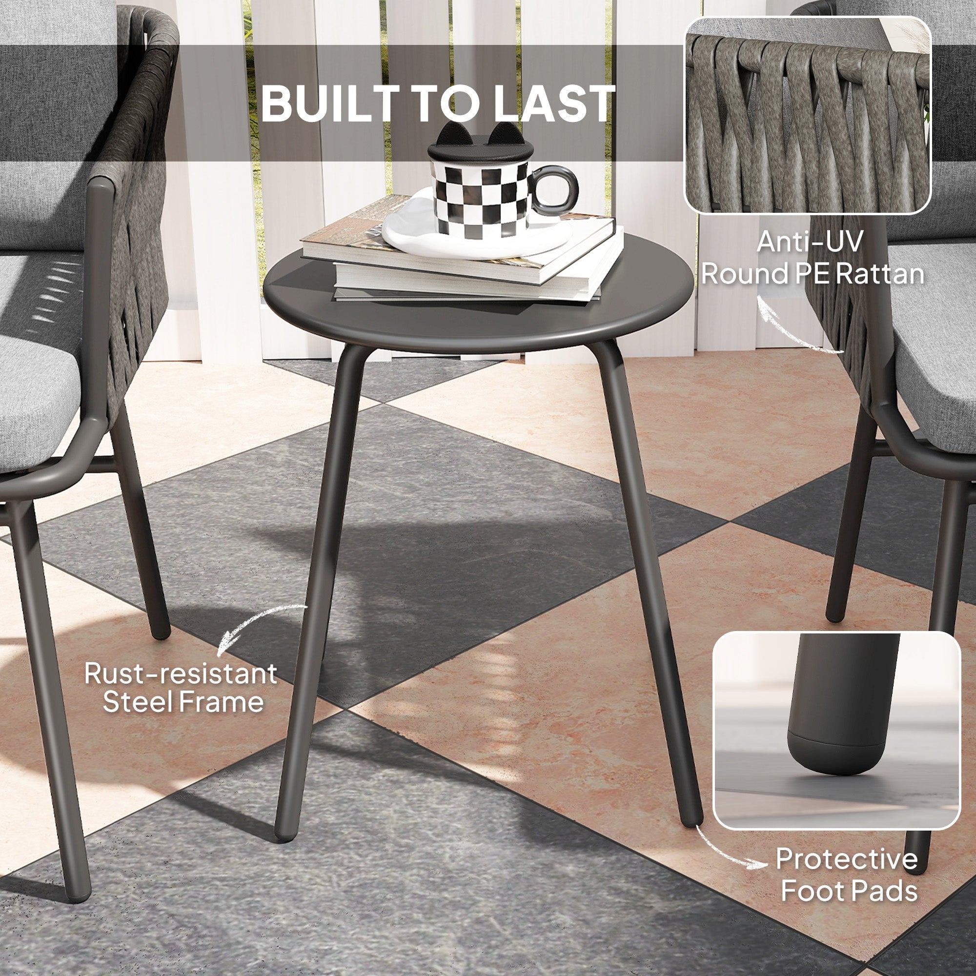 Black round side table with rust-resistant steel frame and anti-uv pe rattan top in outsunny rattan furniture set