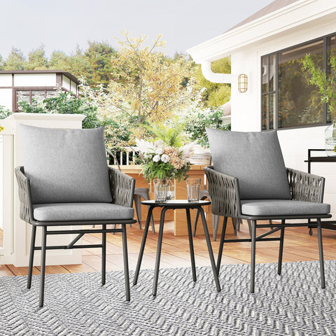 Gray woven wicker patio furniture set with rust-resistant steel frame metal-topped table and cushions for outdoor use