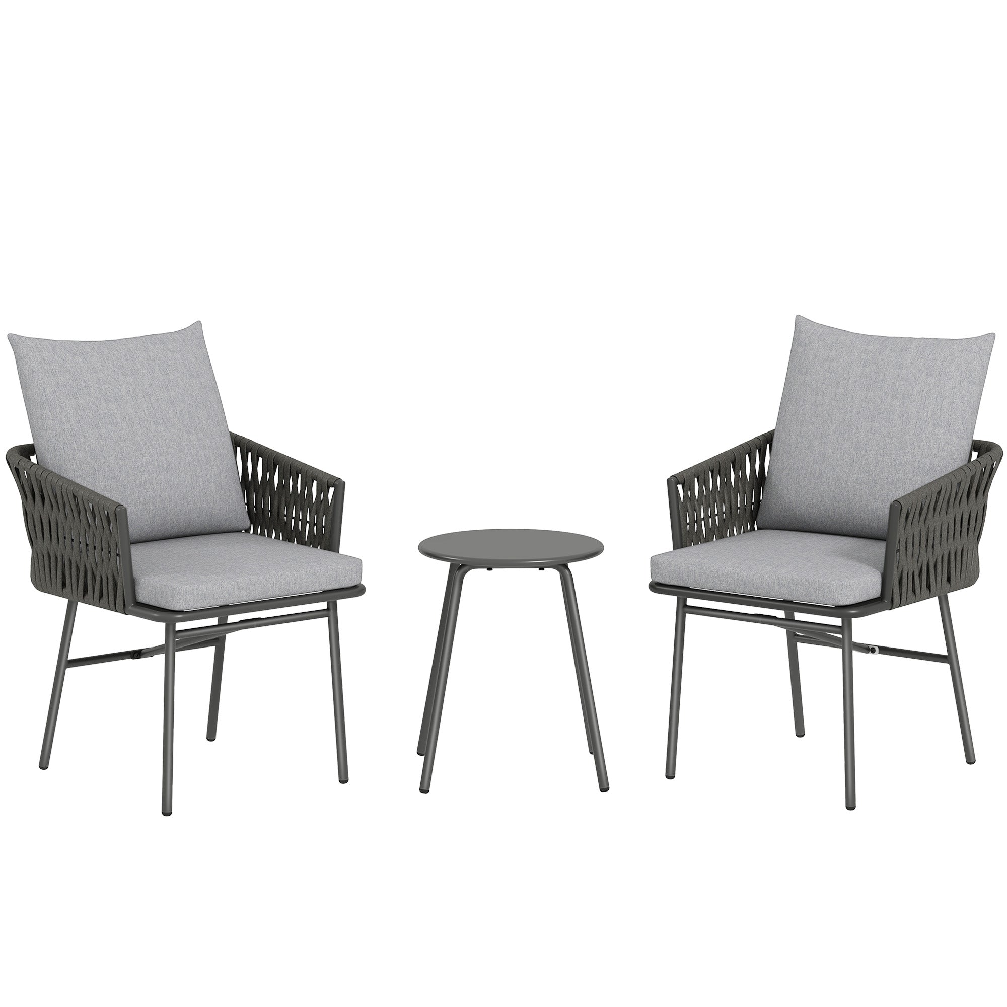 Set of two dark gray woven wicker armchairs with light gray cushions and metal-topped rattan side table on rust-resistant steel frame