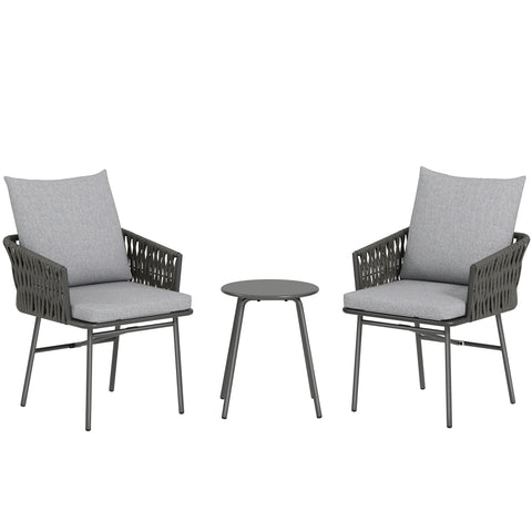 Set of two dark gray woven wicker armchairs with light gray cushions and metal-topped rattan side table on rust-resistant steel frame