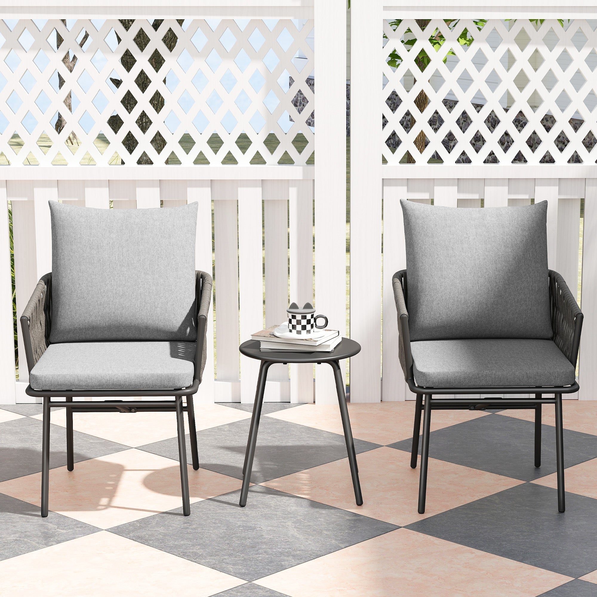 Gray woven armchairs with matching cushions and rust-resistant steel frame in outsunny 3-piece rattan furniture set