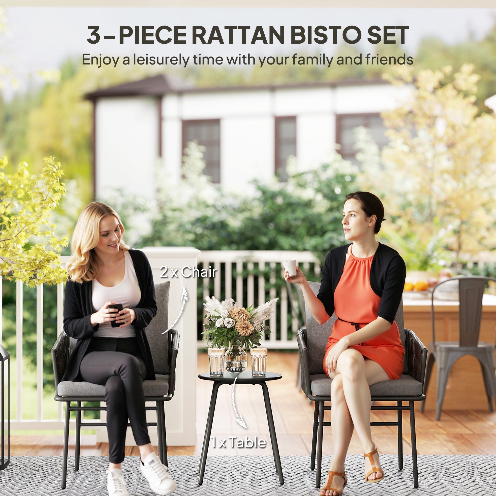 Outsunny 3-piece rattan bistro set with rust-resistant steel frame black chairs gray cushions and metal-topped table perfect for outdoor use