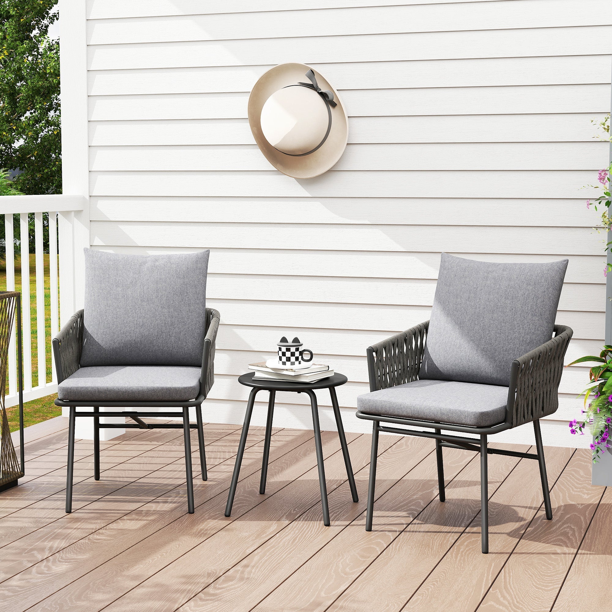 Gray woven wicker patio chairs with rust-resistant steel frame and metal-topped table in outsunny 3-piece furniture set
