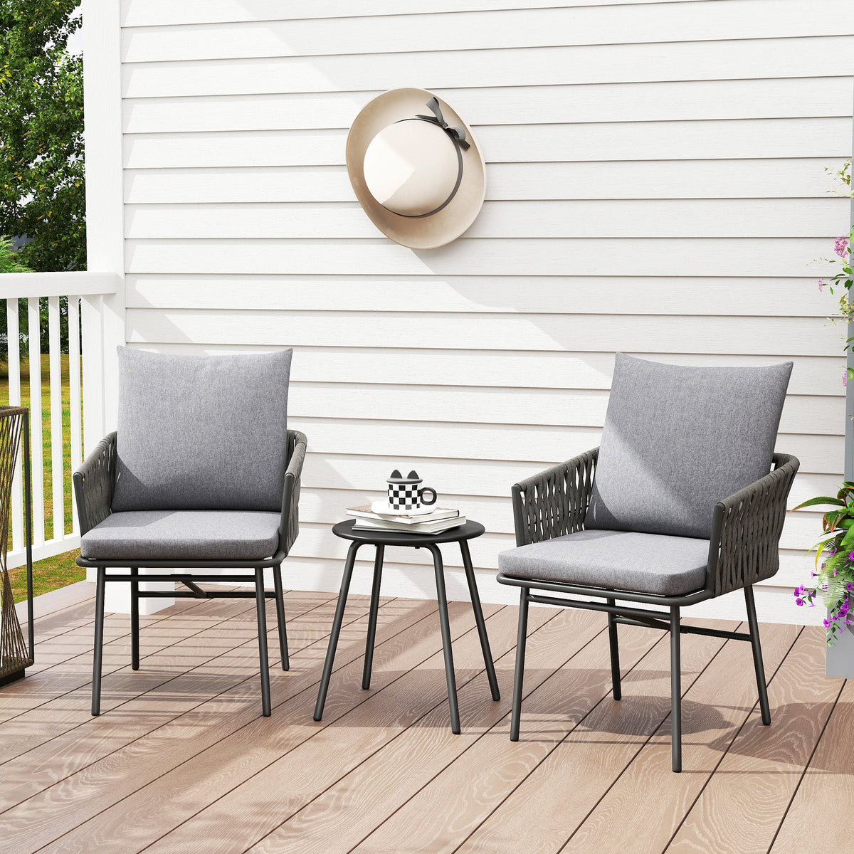 Gray woven wicker patio chairs with rust-resistant steel frame and metal-topped table in outsunny 3-piece furniture set