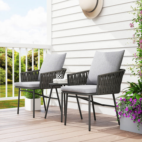 Gray woven resin outdoor patio furniture set with rust-resistant steel frame and metal-topped side table with cushions