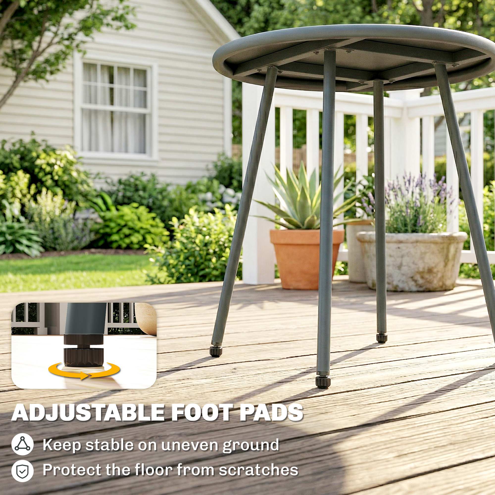 Gray metal patio table with three slender legs and adjustable foot pads in dark grey comfortable rattan bistro set