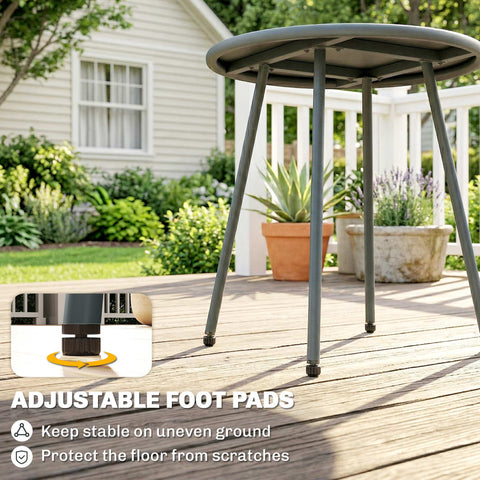 Gray metal patio table with three slender legs and adjustable foot pads in dark grey comfortable rattan bistro set