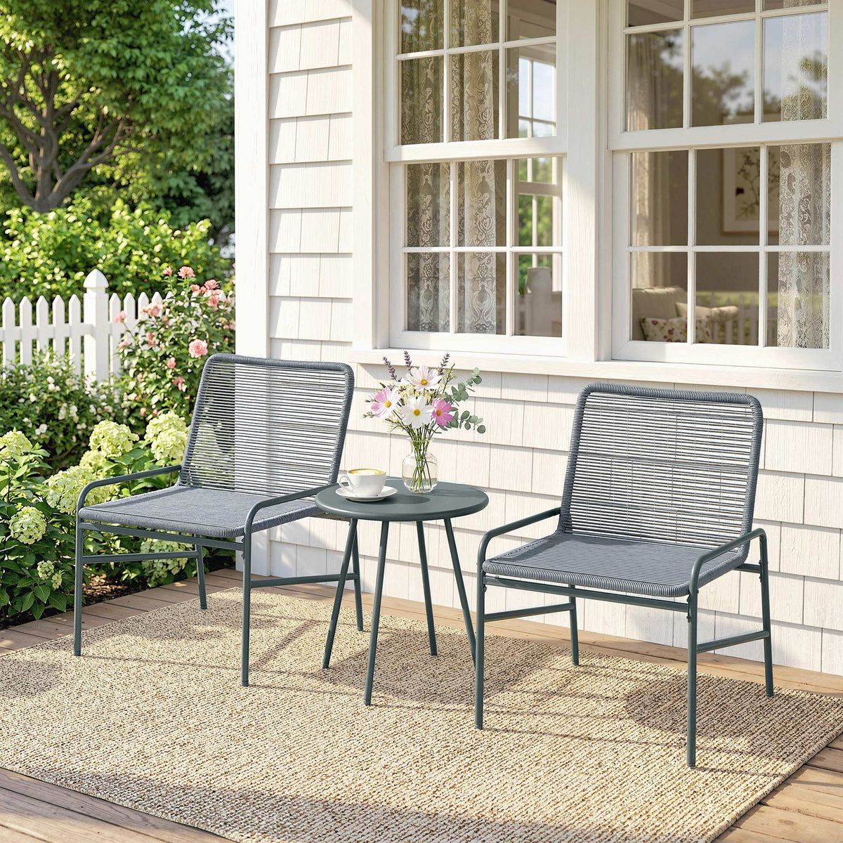 Gray woven resin outdoor patio bistro set with comfortable rattan chairs and round coffee table in dark grey