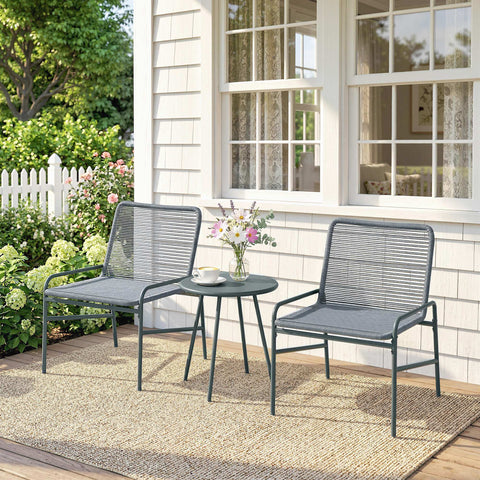 Gray woven resin outdoor patio bistro set with comfortable rattan chairs and round coffee table in dark grey