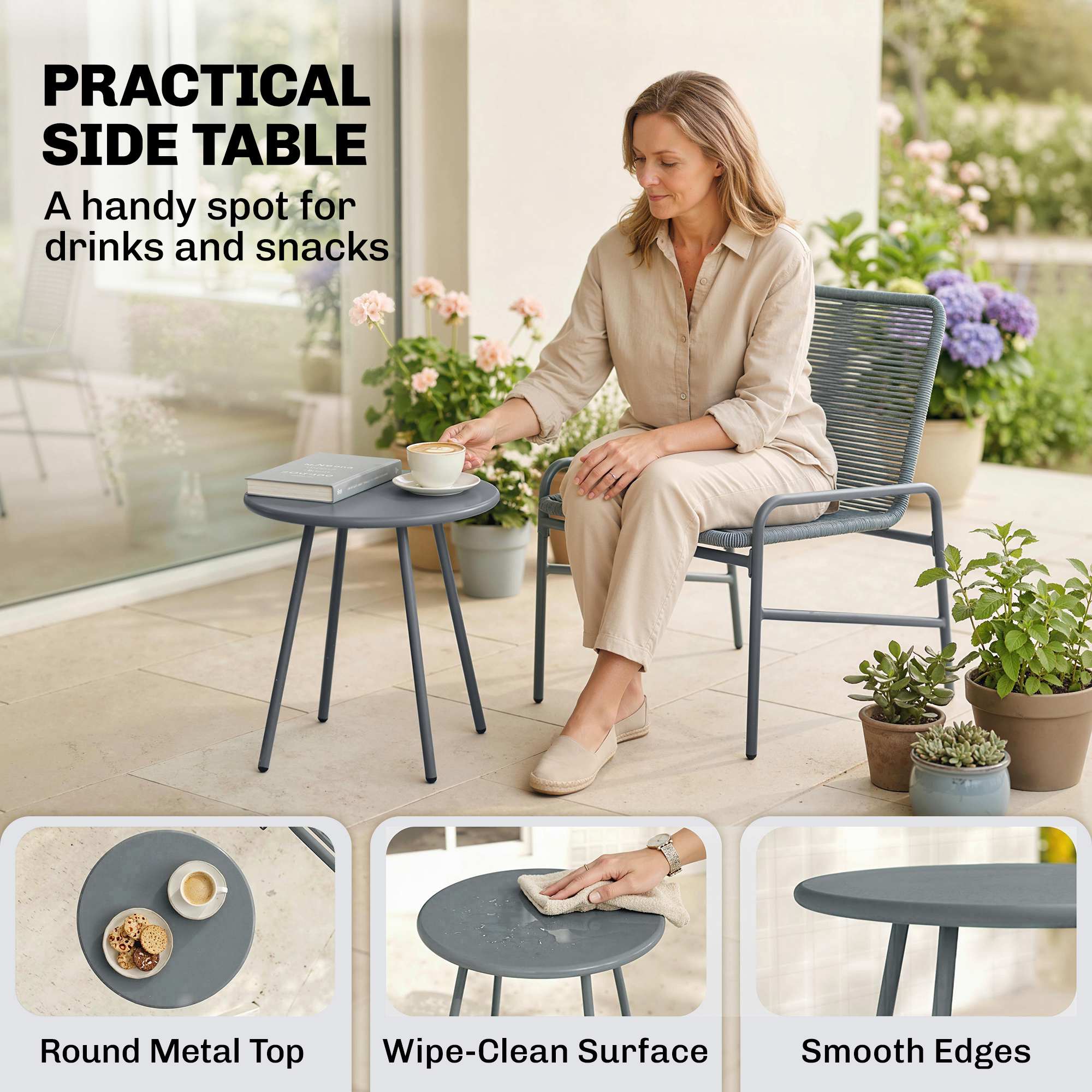 Gray round metal side table with smooth edges and wipe-clean surface in dark grey comfortable rattan bistro set