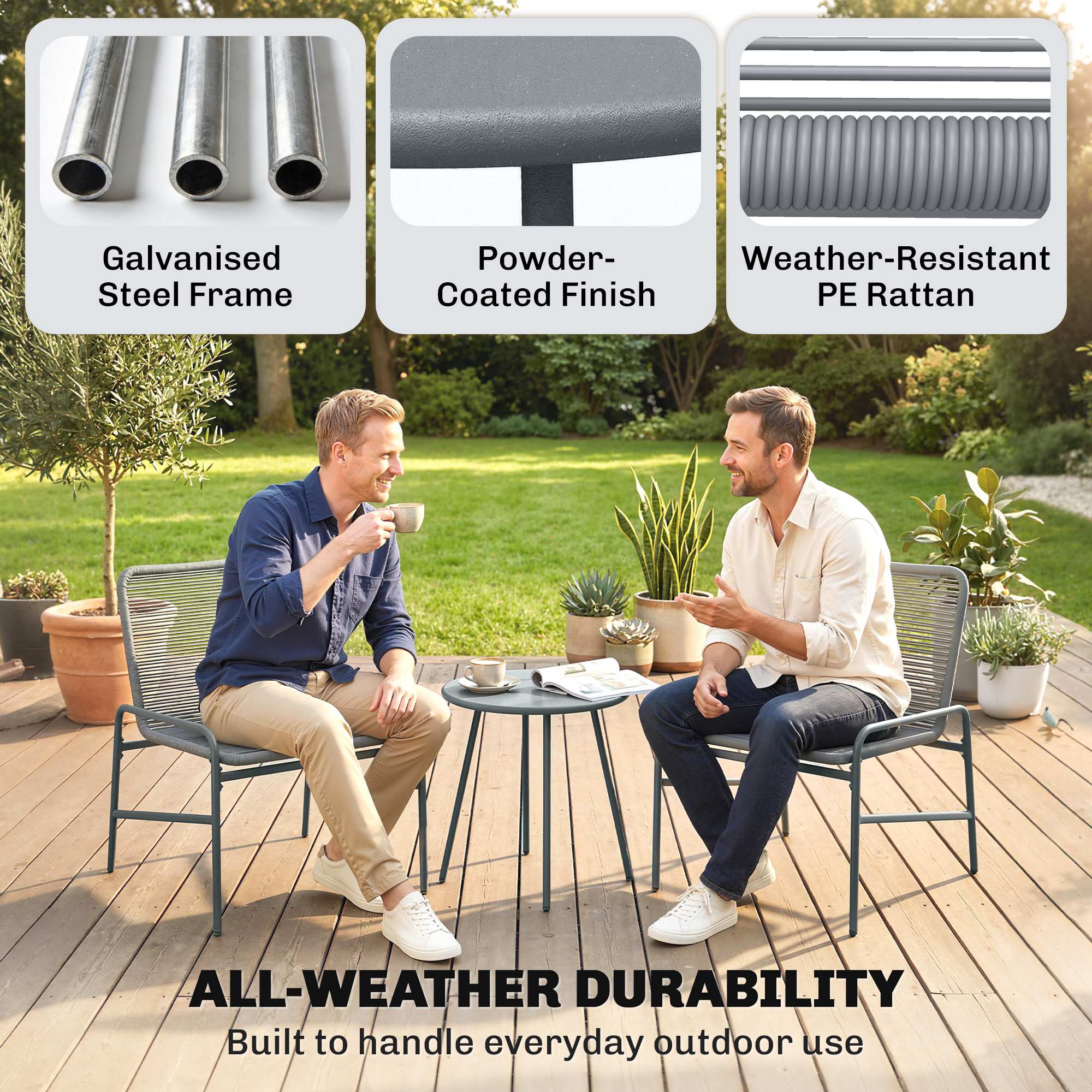 Outsunny 3 piece bistro set with comfortable dark grey rattan chairs and round steel coffee table for outdoor patio