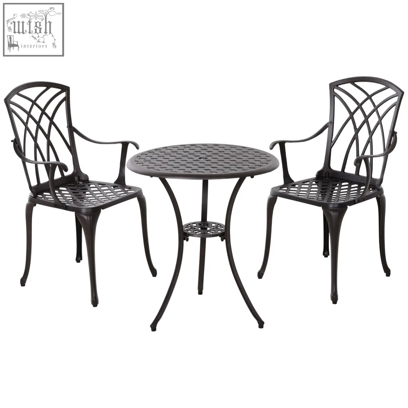 Black cast aluminium garden furniture set with intricate lattice backrests and round table for outdoor dining