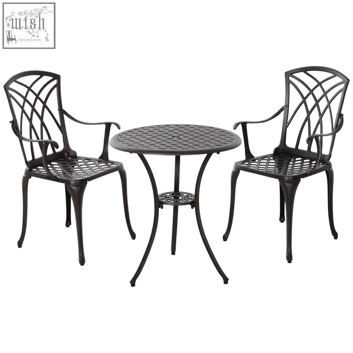 Black cast aluminium garden furniture set with intricate lattice backrests and round table for outdoor dining