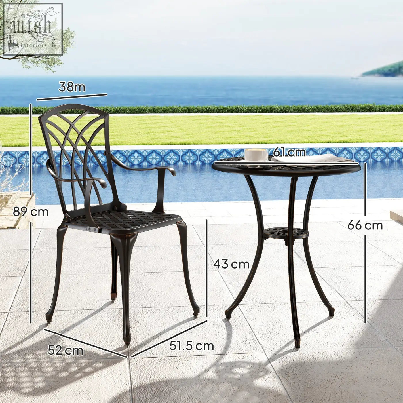 Black wrought iron cast aluminium patio chair with ornate back and armrests from outsunny garden furniture set